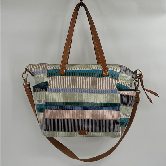 Fossil Vinyl Striped Large Tote Bag with Tan Leather Straps - Picture 2 of 12